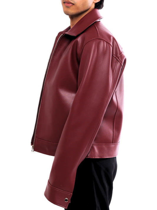 Classic Cherry Red Collar Leather Jacket – Heat Drop