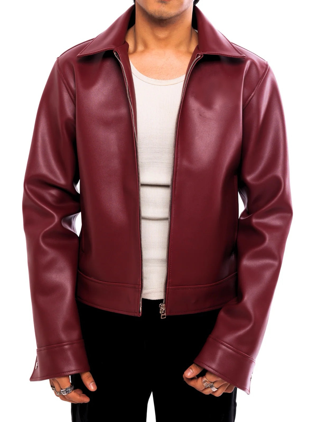 Classic Cherry Red Collar Leather Jacket – Heat Drop